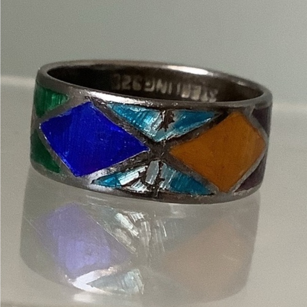 New vintage silver colourful harlequin cloisonné ring - Picture 2 of 12